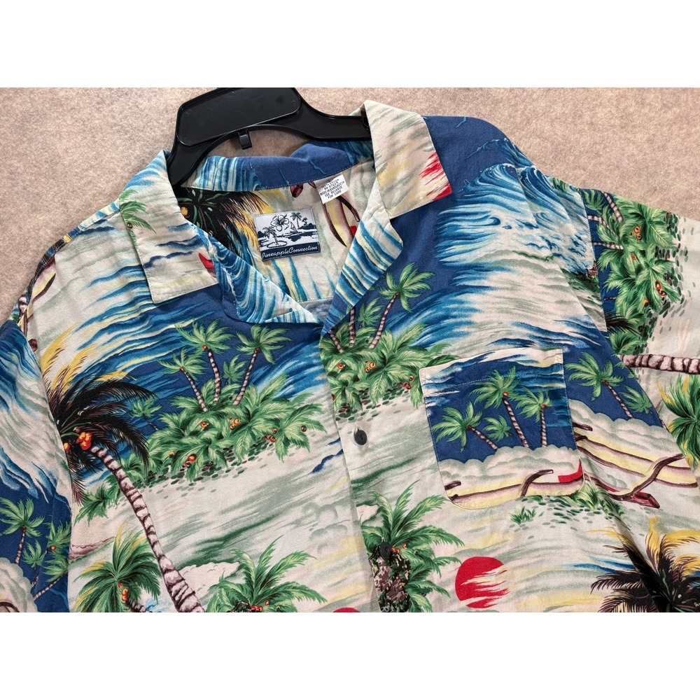 Pineapple Connection Mens Rayon Hawaiian Shirt Blue Tropical‎ Island Stain Large